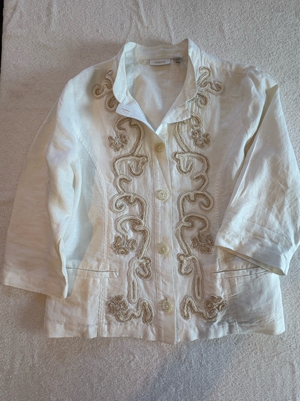 Chico’s Ivory Linen Beaded Blazer Coastal Grandma Boho Jacket Size 2 (L) - Picture 2 of 9